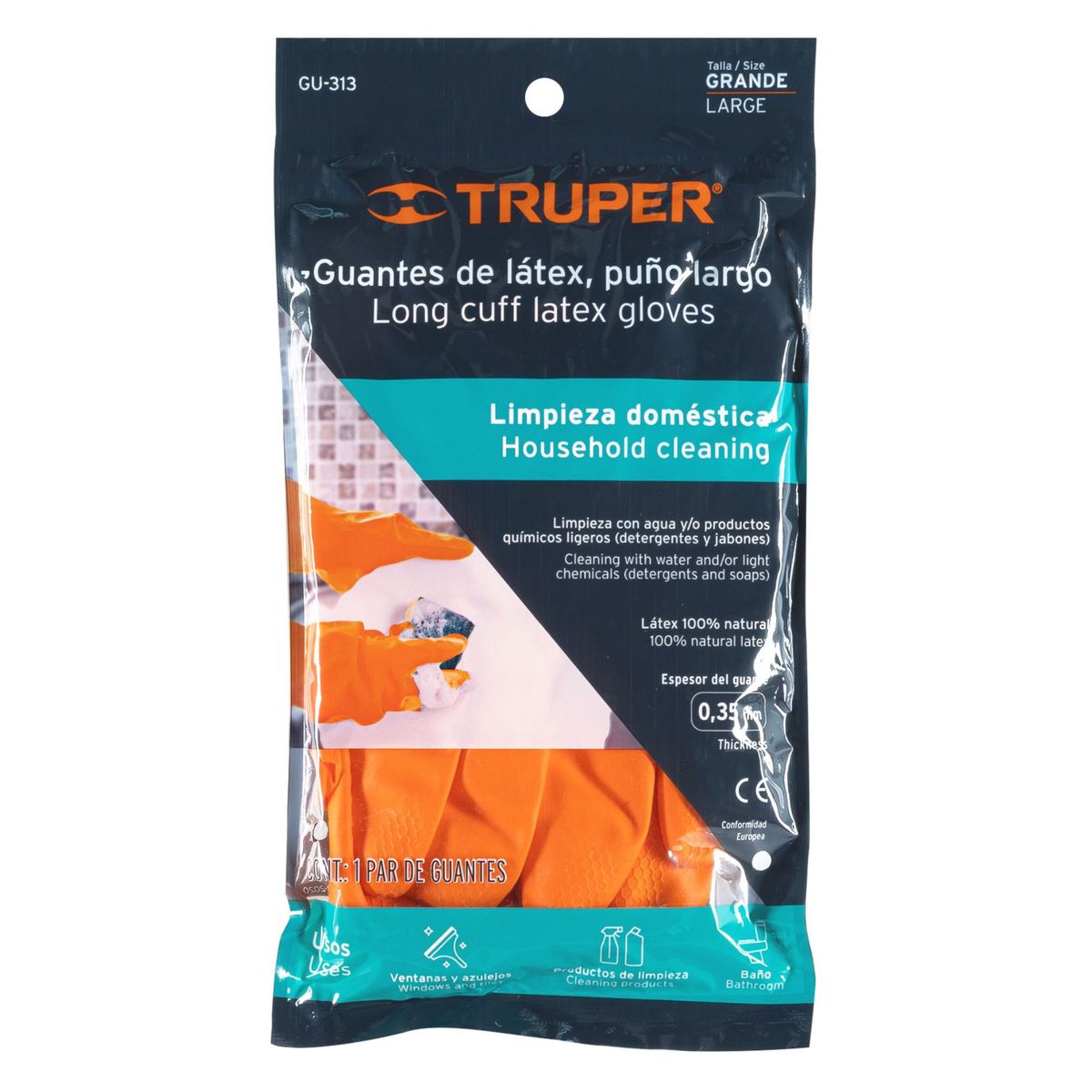 TRUPER - Guantes látex para limpieza, Puño largo 9 talla G Truper