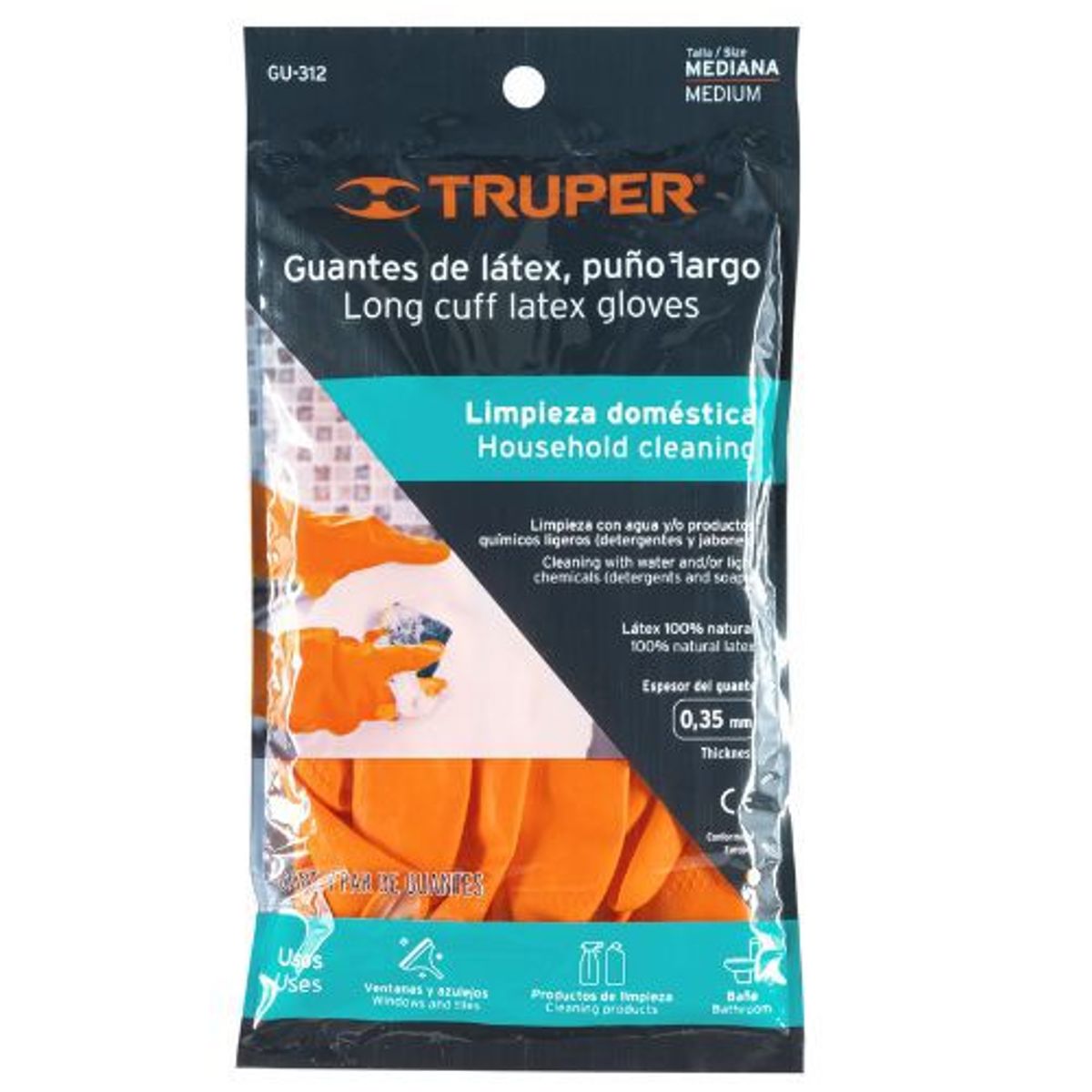 TRUPER - Guantes látex para limpieza, Puño largo 8 talla M Truper