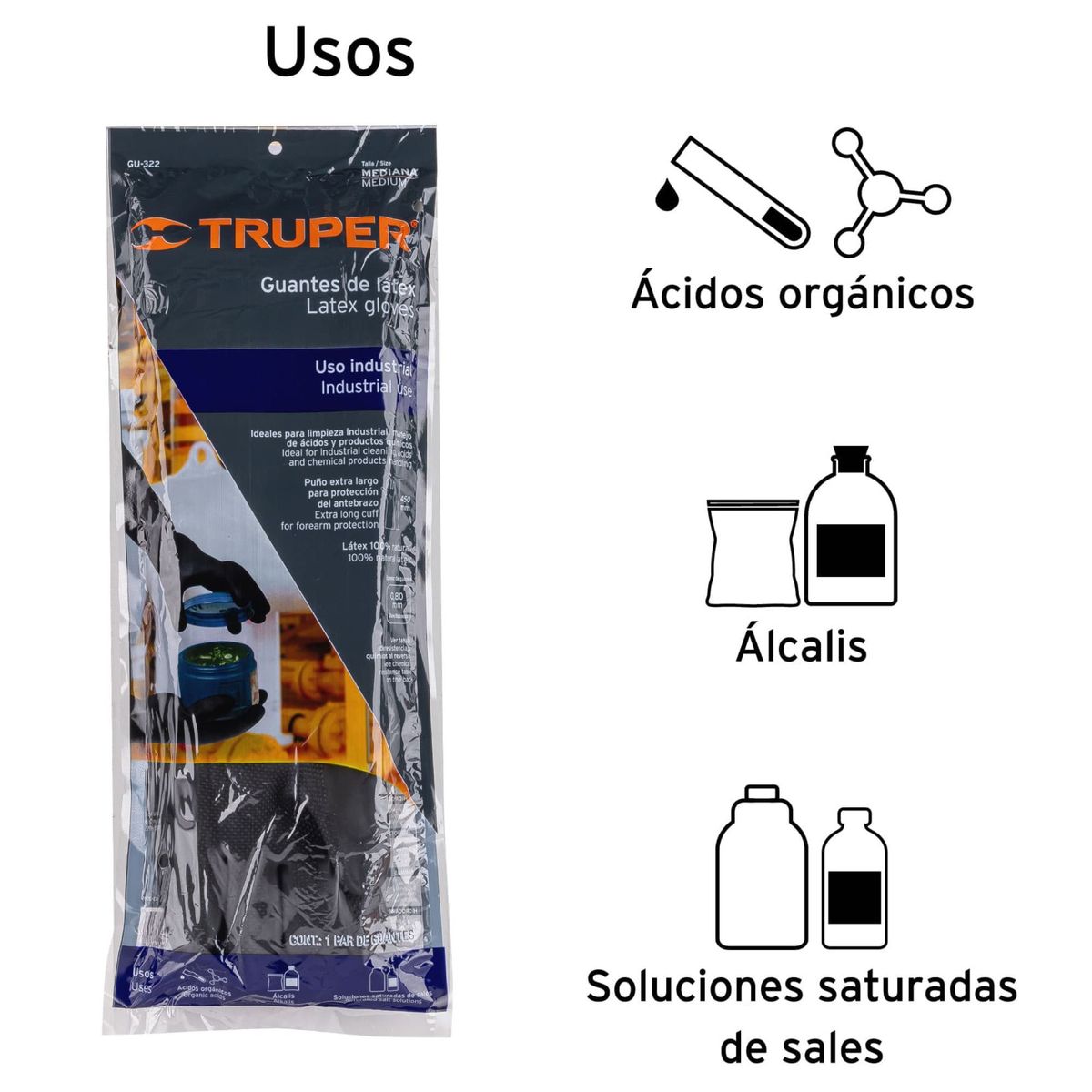 TRUPER - Guantes látex INDUSTRIAL puño largo 8 talla M, Truper