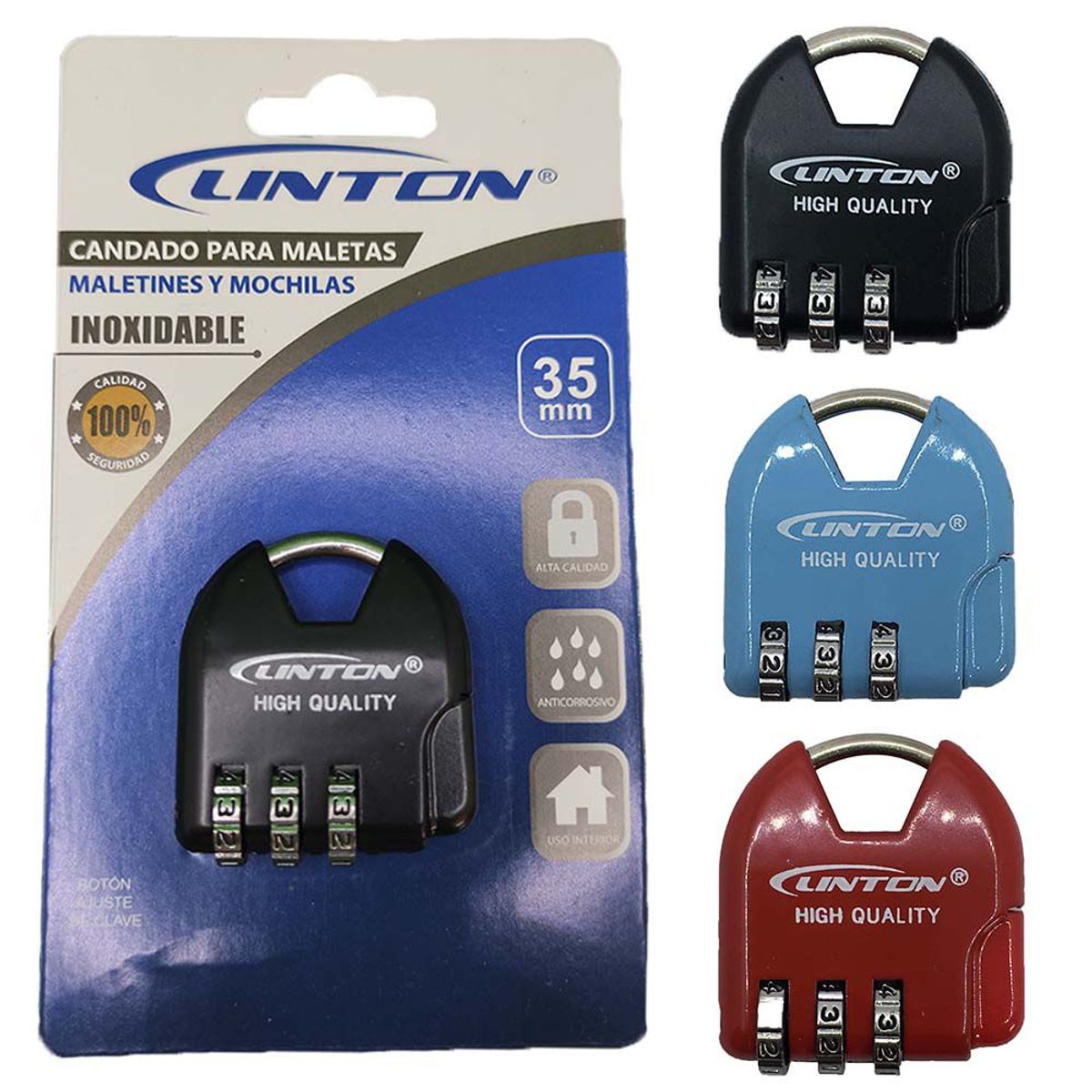 LINTON - Candado Seguridad Linton para Mochilas Casillero Maleta Viaje 3 Dígitos - Azul