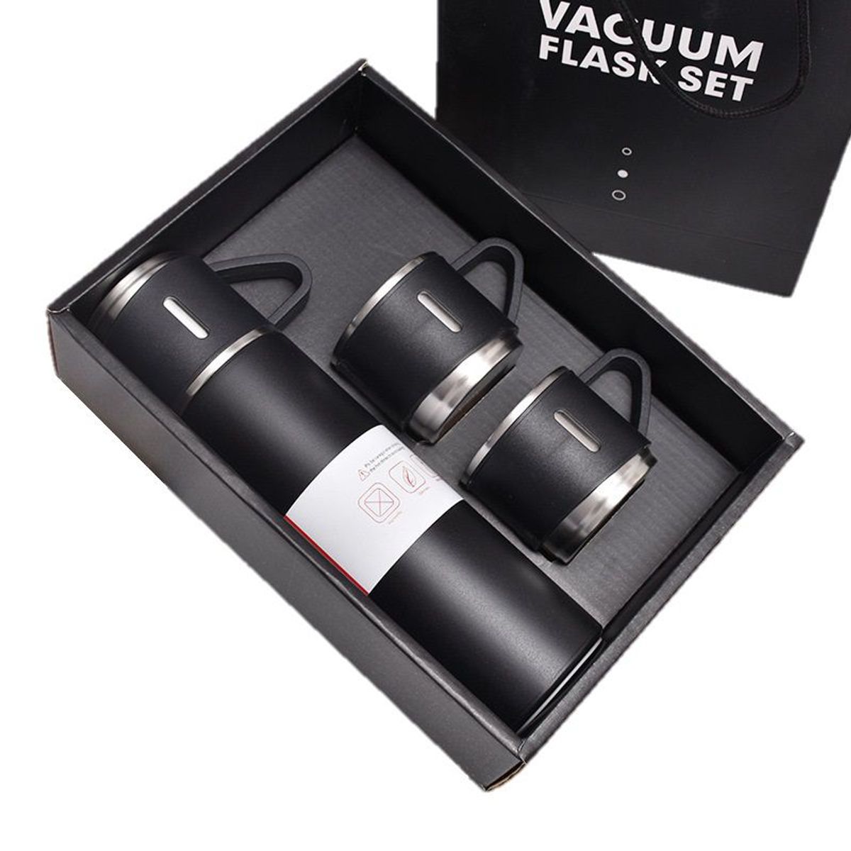 GENERICO - Termo 500 ml con 3 Tazas Acero Inoxidable - Negro