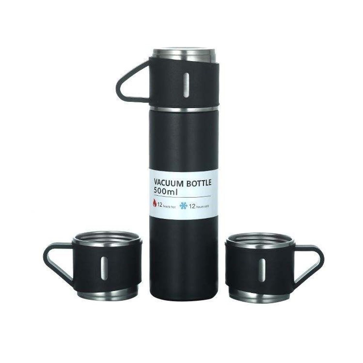 GENERICO - Termo 500 ml con 3 Tazas Acero Inoxidable - Negro
