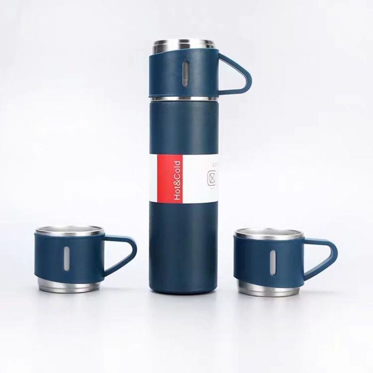 GENERICO - Termo 500 ml con 3 Tazas Acero Inoxidable - Azul