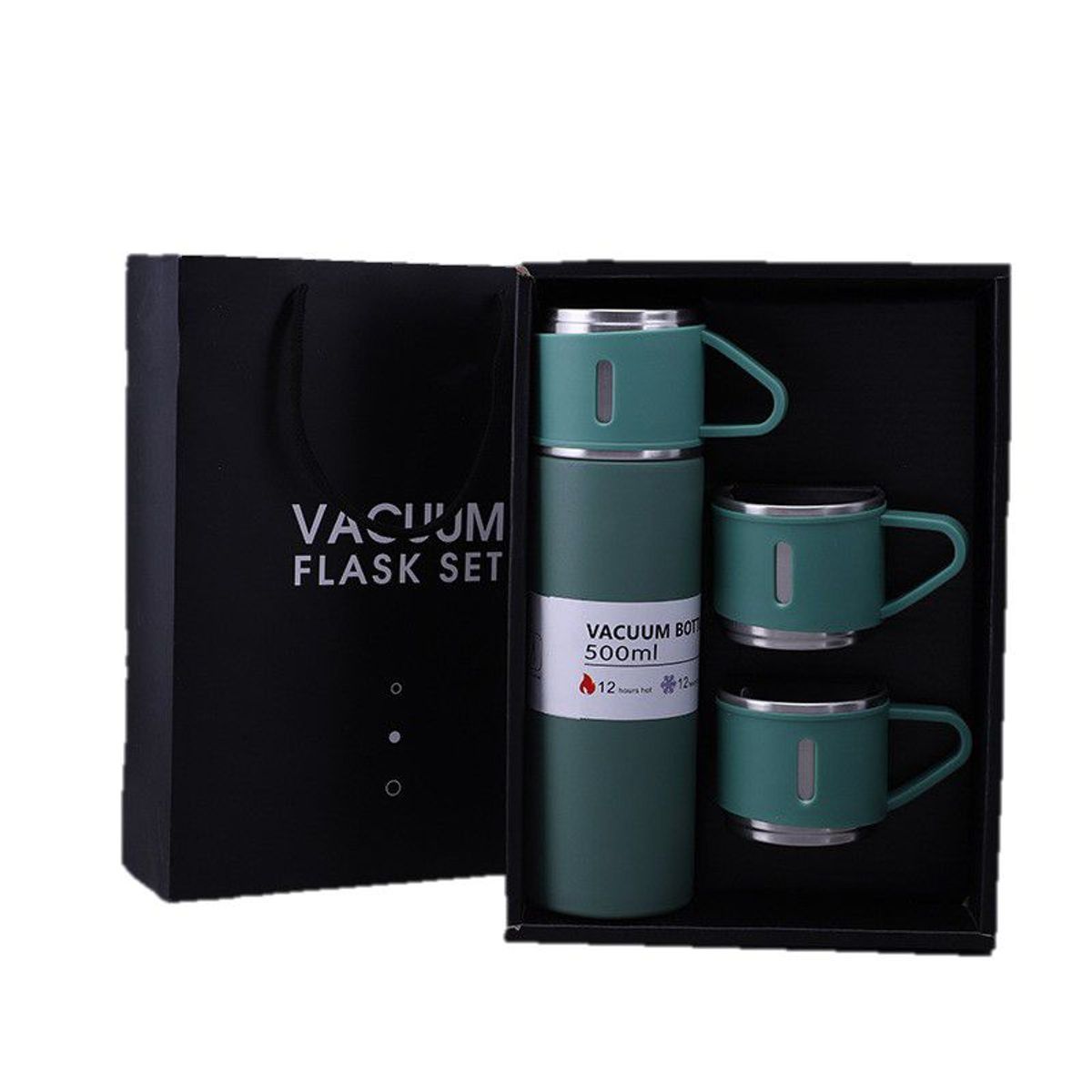 GENERICO - Termo 500 ml con 3 Tazas Acero Inoxidable - Verde