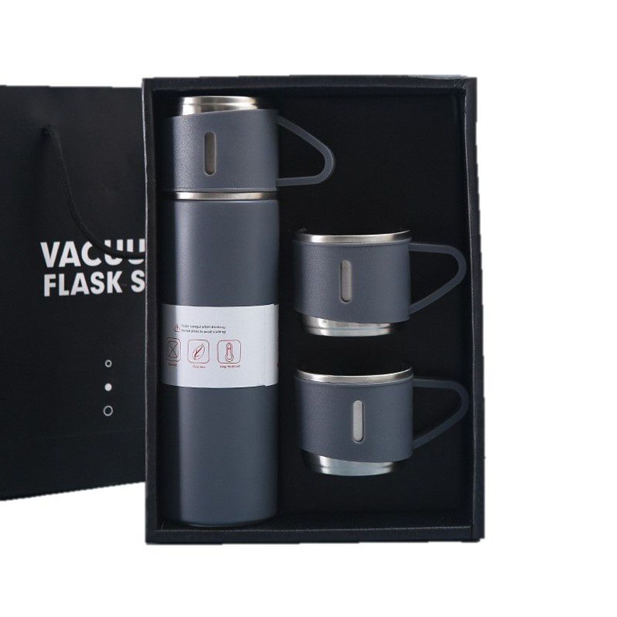 GENERICO - Termo 500 ml con 3 Tazas Acero Inoxidable - Gris