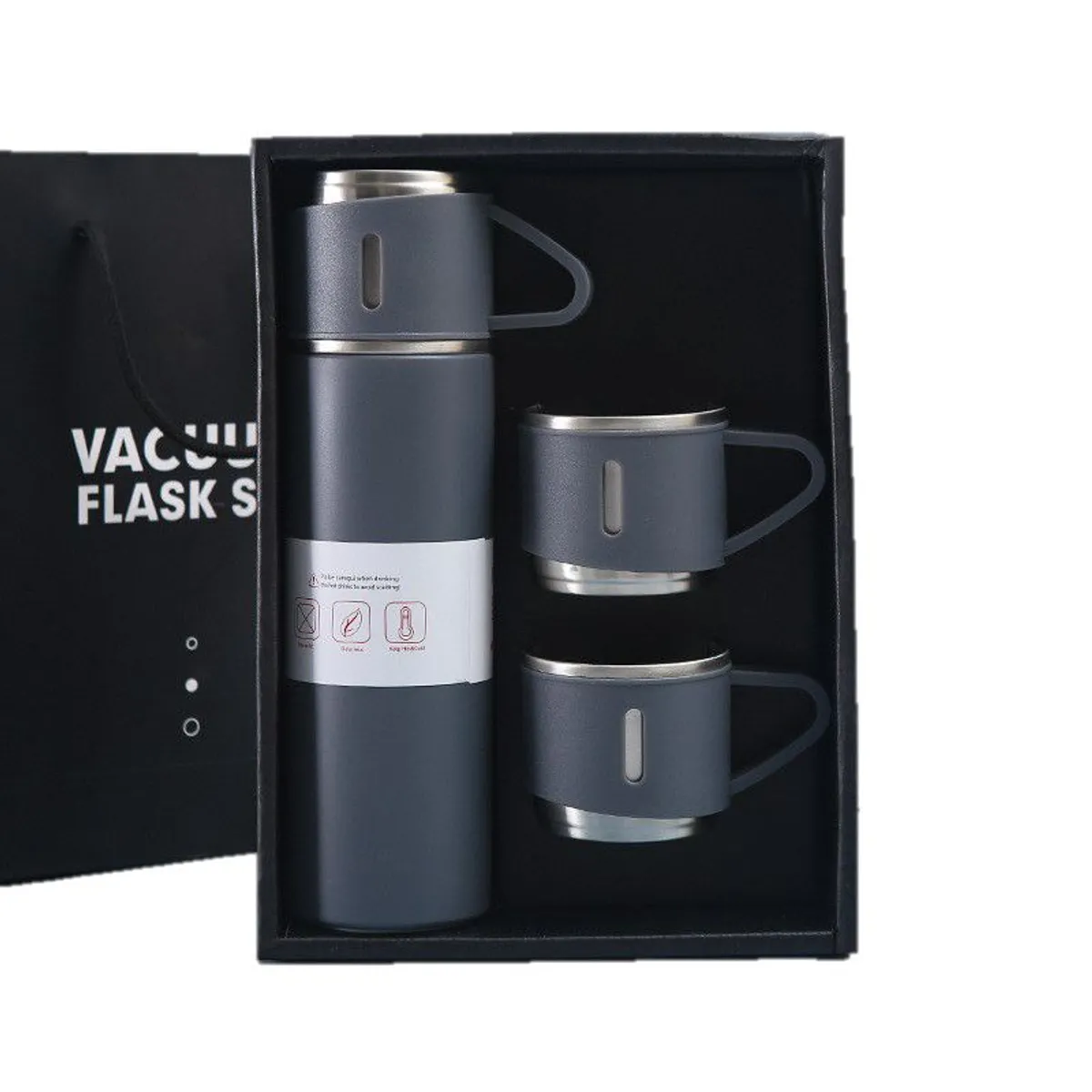 GENERICO - Termo 500 ml con 3 Tazas Acero Inoxidable - Gris