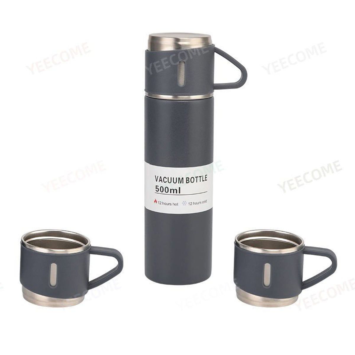 GENERICO - Termo 500 ml con 3 Tazas Acero Inoxidable - Gris