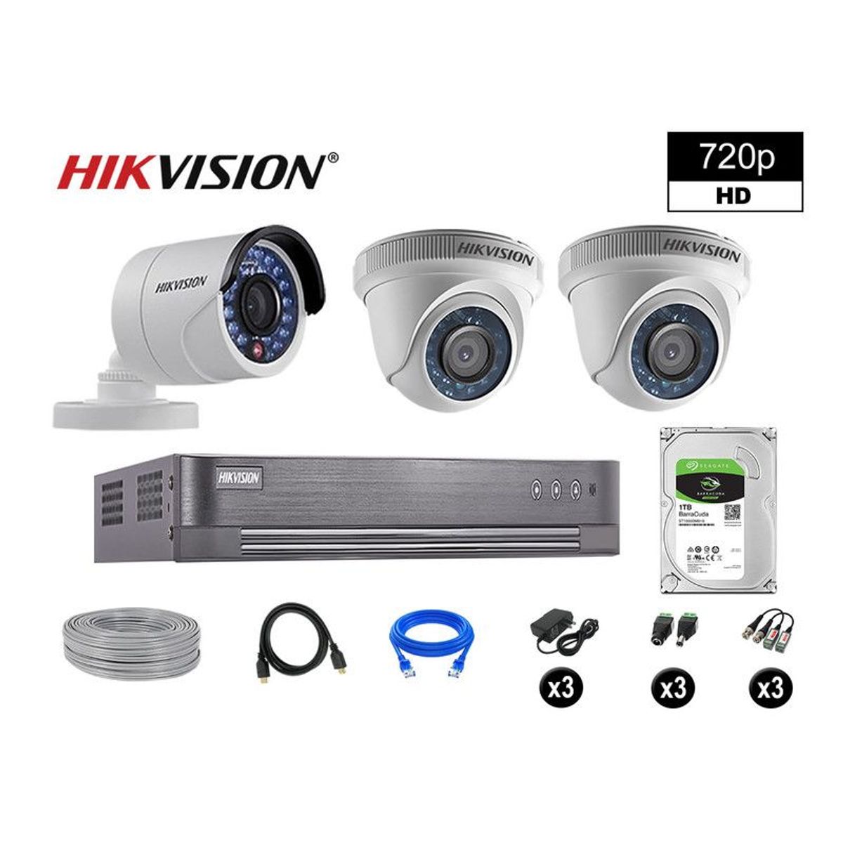 HIKVISION - CÁMARAS SEGURIDAD KIT 3 HD 720P VIGILANCIA + DISCO 1TB COMPLETO P2P