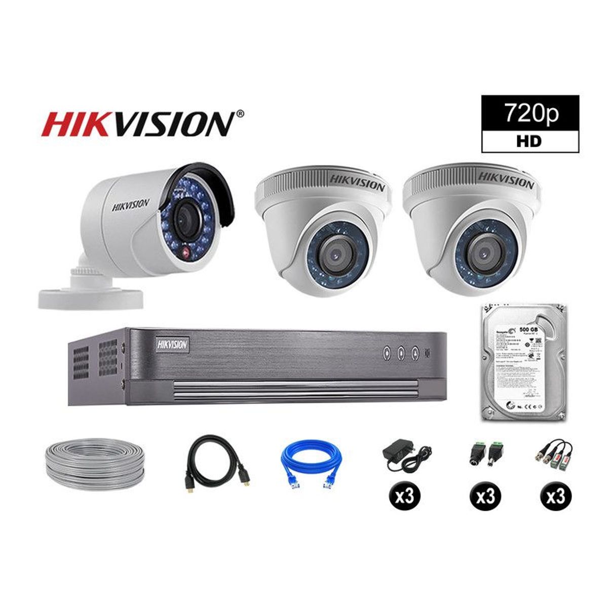 Hikvision - CÁMARAS SEGURIDAD KIT 3 HD 720P VIGILANCIA + DISCO 500GB COMPLETO P2P