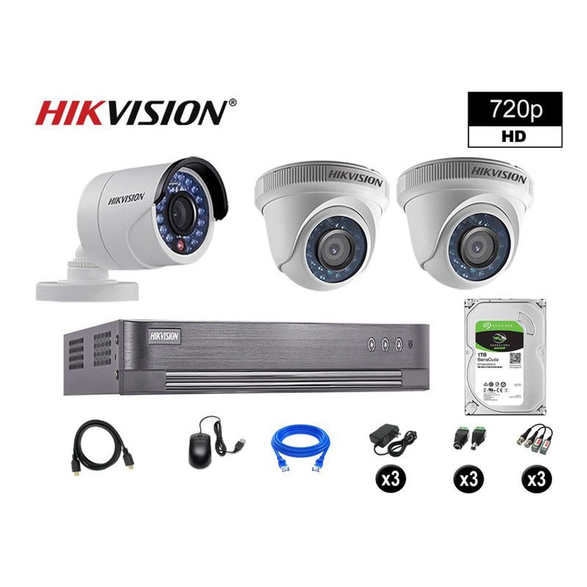 HIKVISION - CÁMARAS SEGURIDAD KIT 3 HD 720P VIGILANCIA + DISCO 1TB P2P HDMI