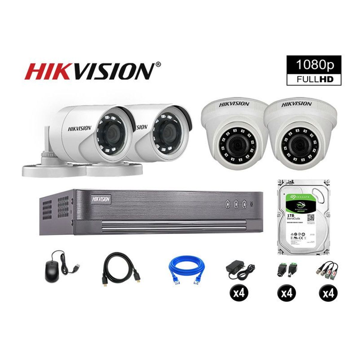 HIKVISION - CÁMARAS SEGURIDAD KIT 4 FULL HD VIGILANCIA 1080P DISCO 1TB P2P