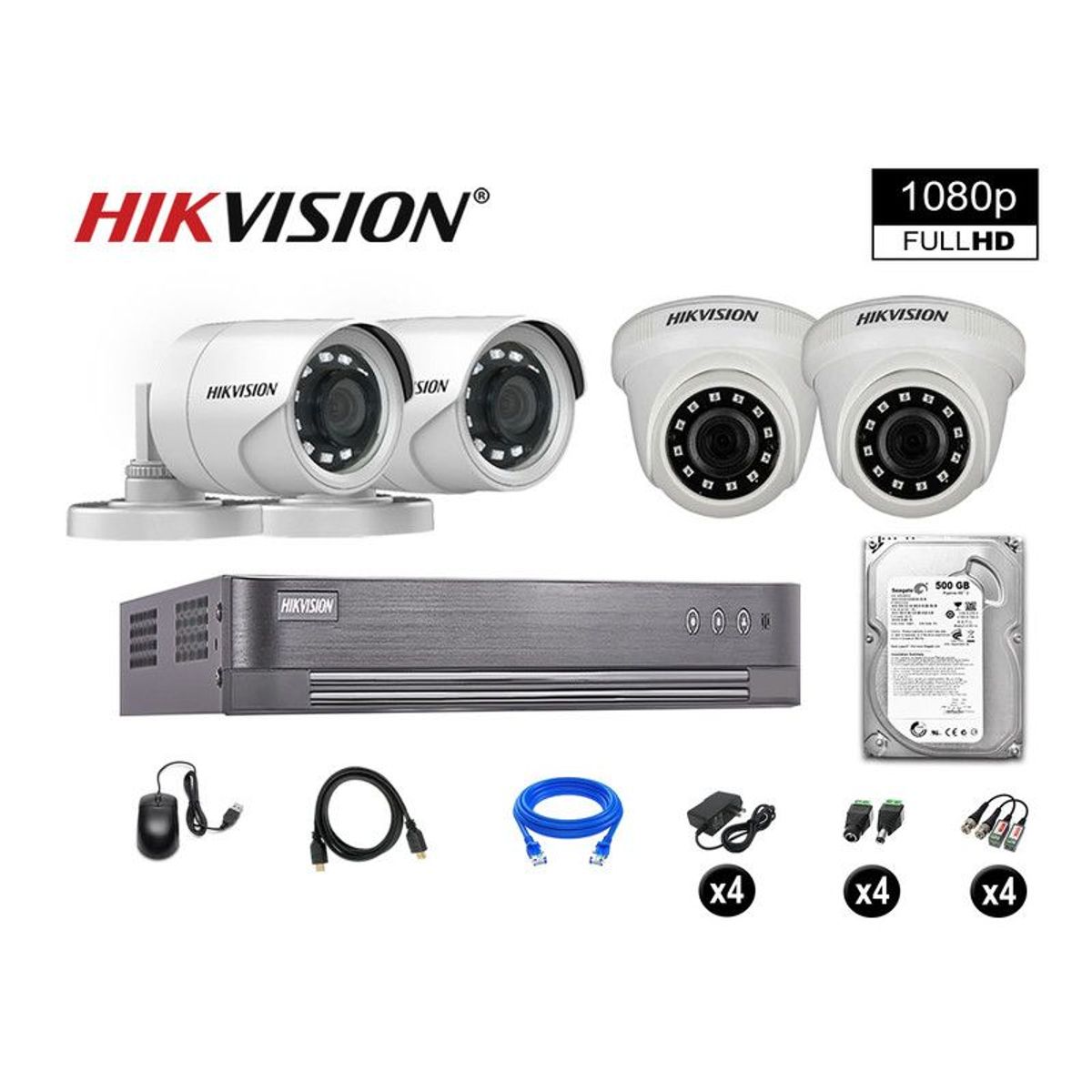 HIKVISION - CÁMARAS SEGURIDAD KIT 4 FULL HD VIGILANCIA 1080P + DISCO 500GB