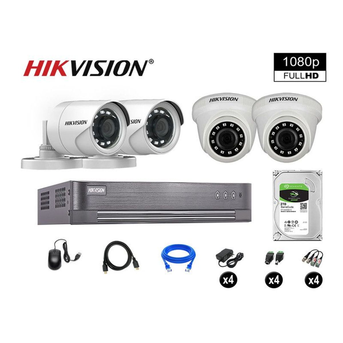 HIKVISION - CÁMARAS SEGURIDAD KIT 4 FULL HD VIGILANCIA 1080P DISCO 2TB P2P