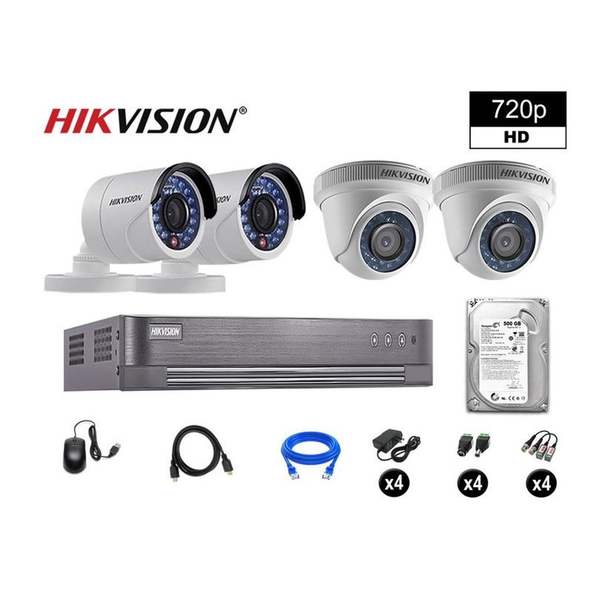 HIKVISION - CÁMARAS SEGURIDAD KIT 4 HD 720P VIGILANCIA + DISCO 500GB P2P