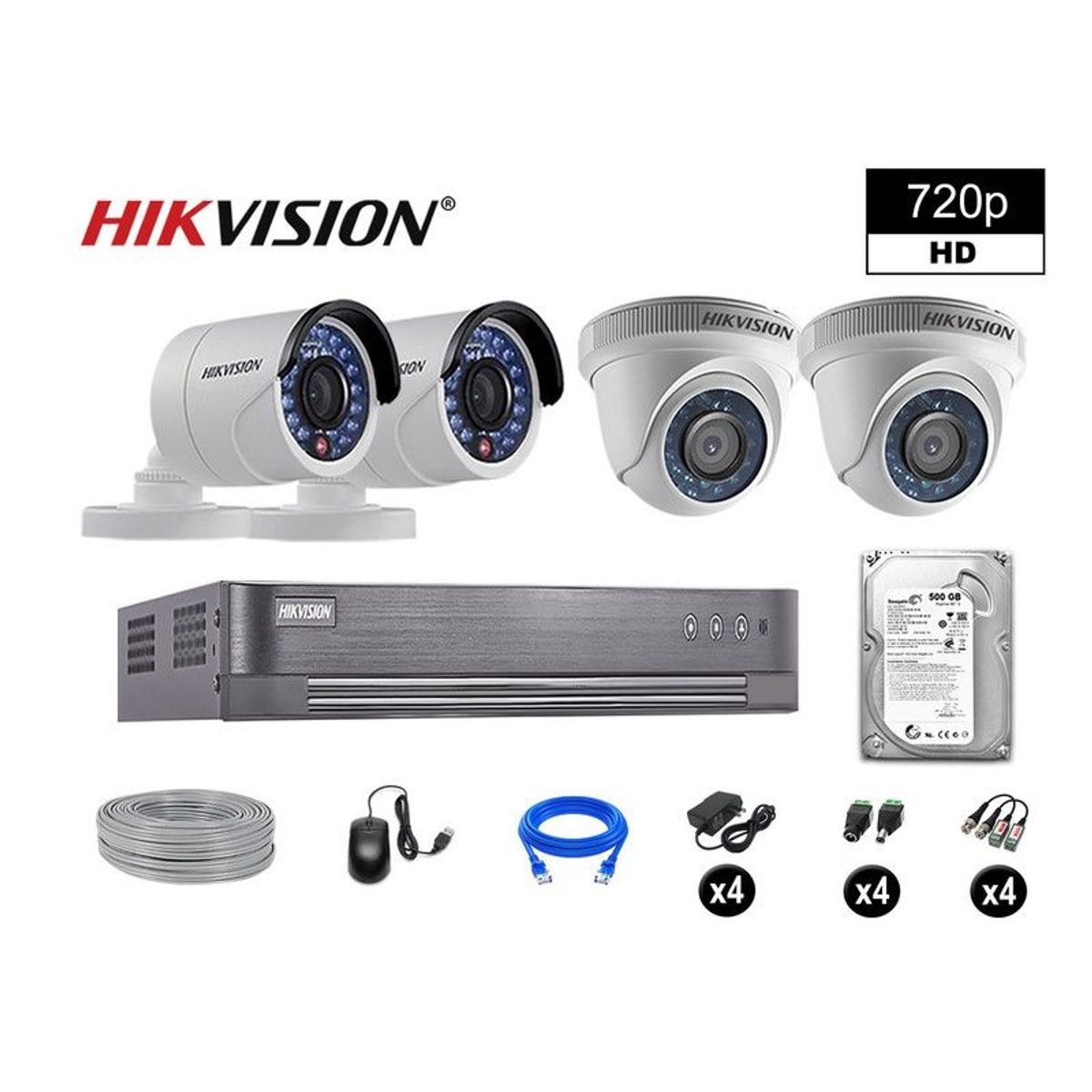 HIKVISION - CÁMARAS SEGURIDAD KIT 4 HD 720P VIGILANCIA + DISCO 500GB COMPLETO P2P
