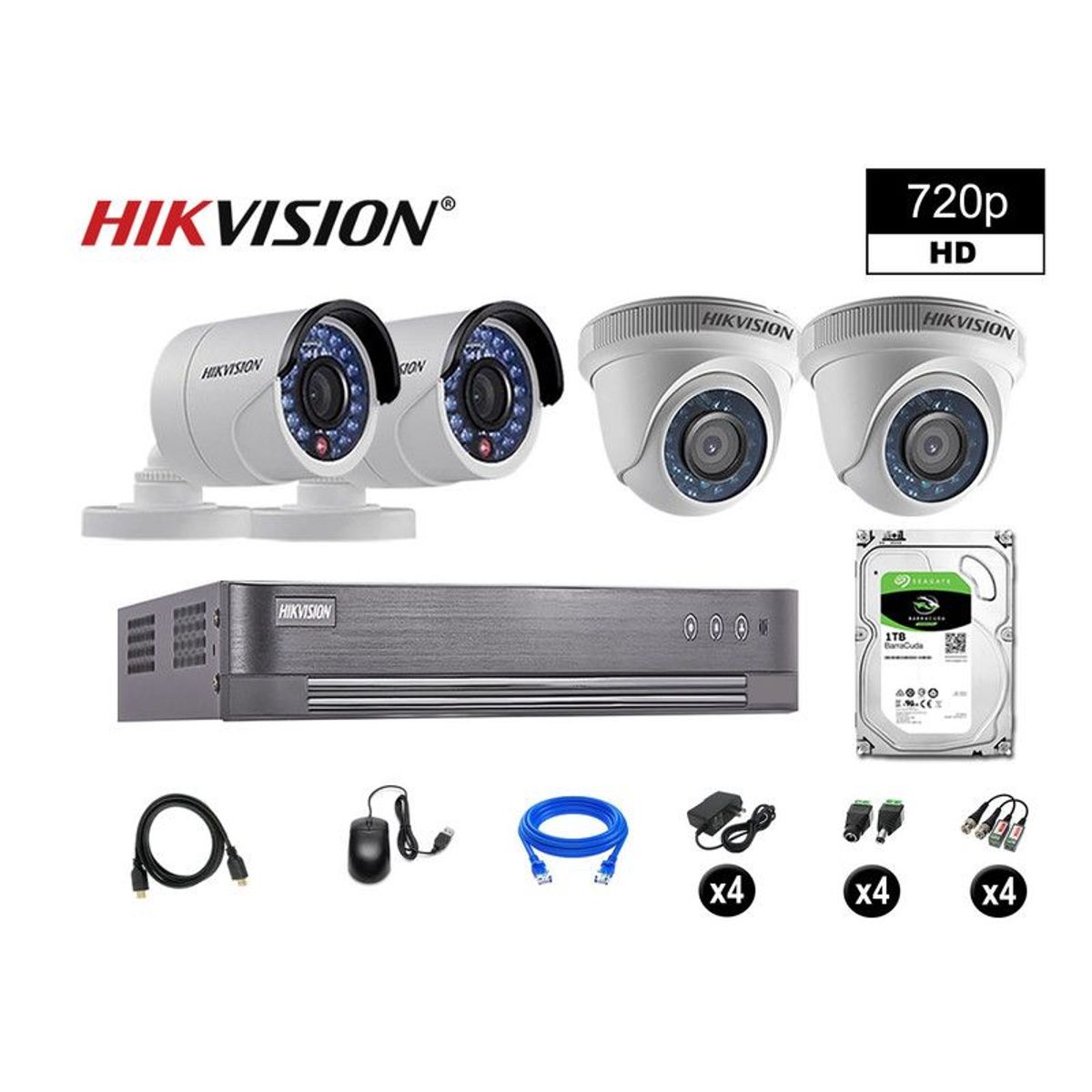 HIKVISION - CÁMARAS SEGURIDAD KIT 4 HD 720P VIGILANCIA + DISCO 1TB P2P HDMI