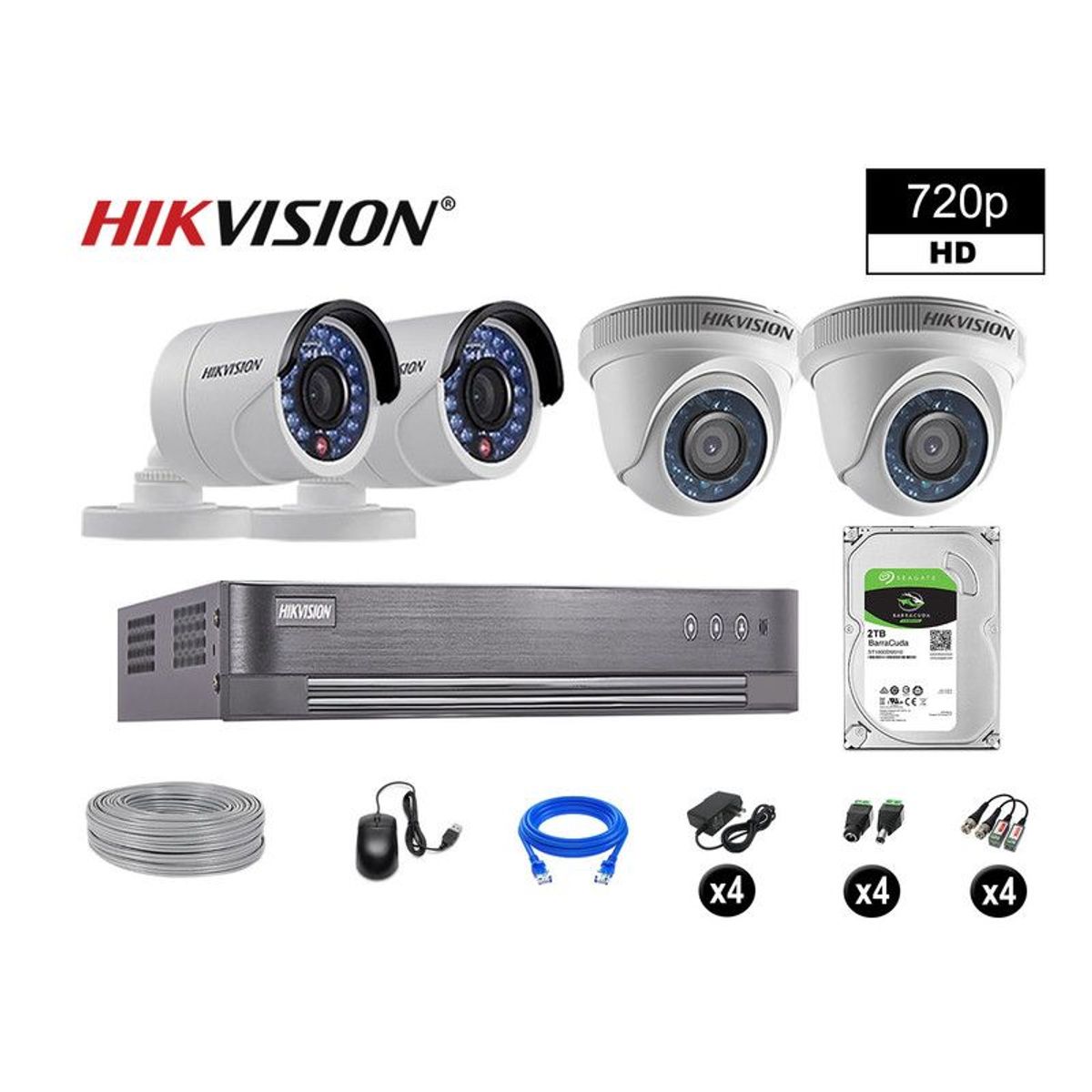 HIKVISION - CÁMARAS SEGURIDAD KIT 4 HD 720P VIGILANCIA + DISCO 2TB COMPLETO P2P