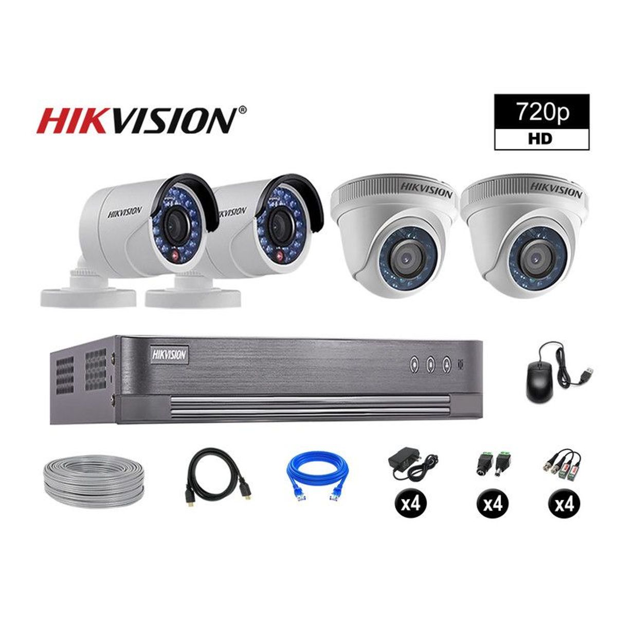 HIKVISION - CÁMARAS SEGURIDAD KIT 4 HD 720P VIGILANCIA + CABLE HDMI SEGURIDAD P2P
