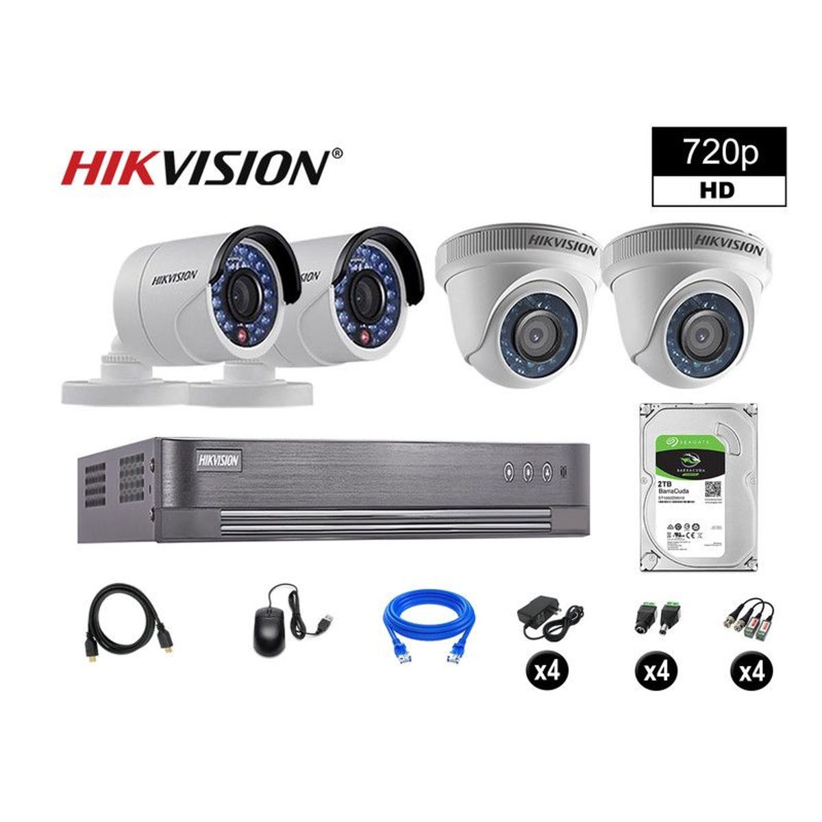 HIKVISION - CÁMARAS SEGURIDAD KIT 4 HD 720P VIGILANCIA + DISCO 2TB P2P HDMI