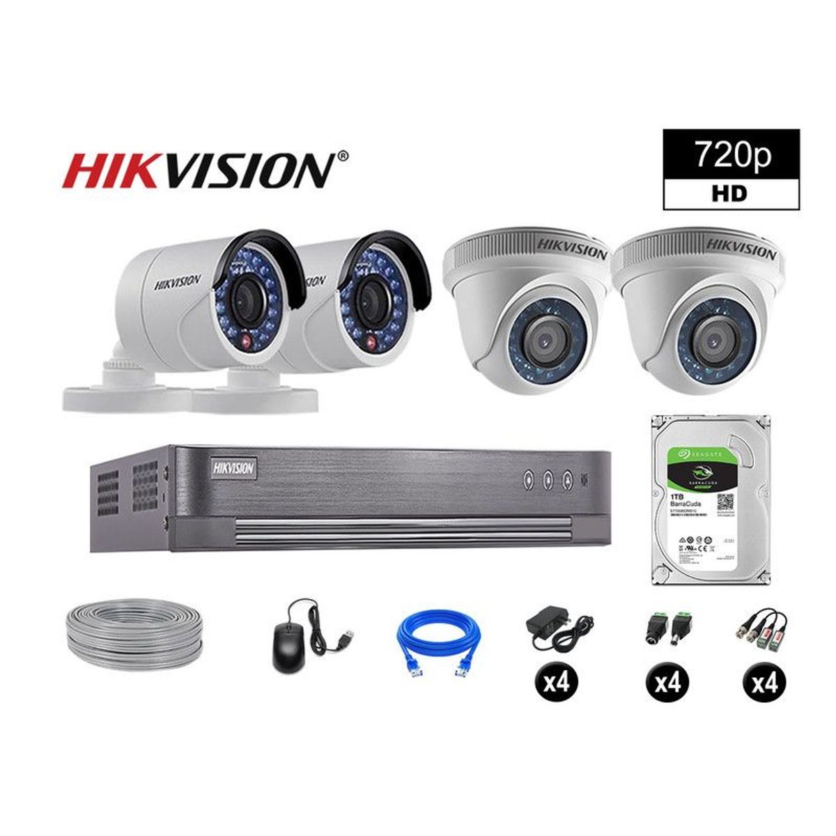 HIKVISION - CÁMARAS SEGURIDAD KIT 4 HD 720P VIGILANCIA + DISCO 1TB COMPLETO P2P