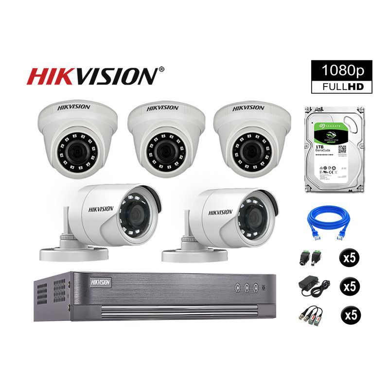 HIKVISION - CÁMARAS SEGURIDAD KIT 5 FULL HD VIGILANCIA 1080P DISCO 1TB P2P