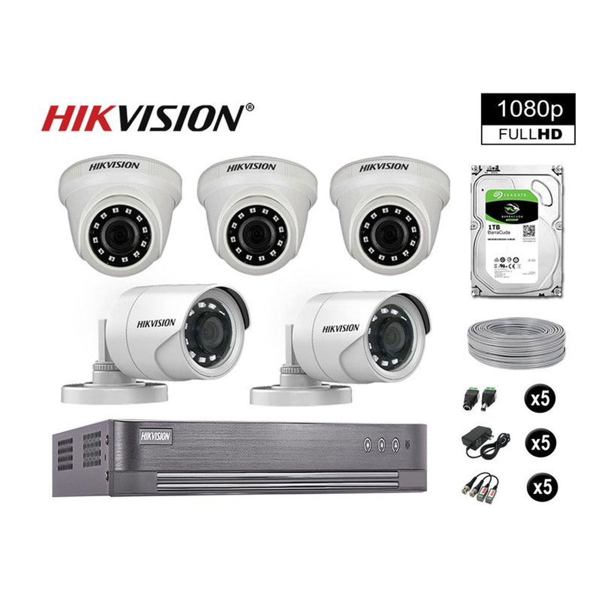 Hikvision - CÁMARAS SEGURIDAD KIT 5 FULL HD VIGILANCIA 1080P + DISCO 1TB COMPLETO