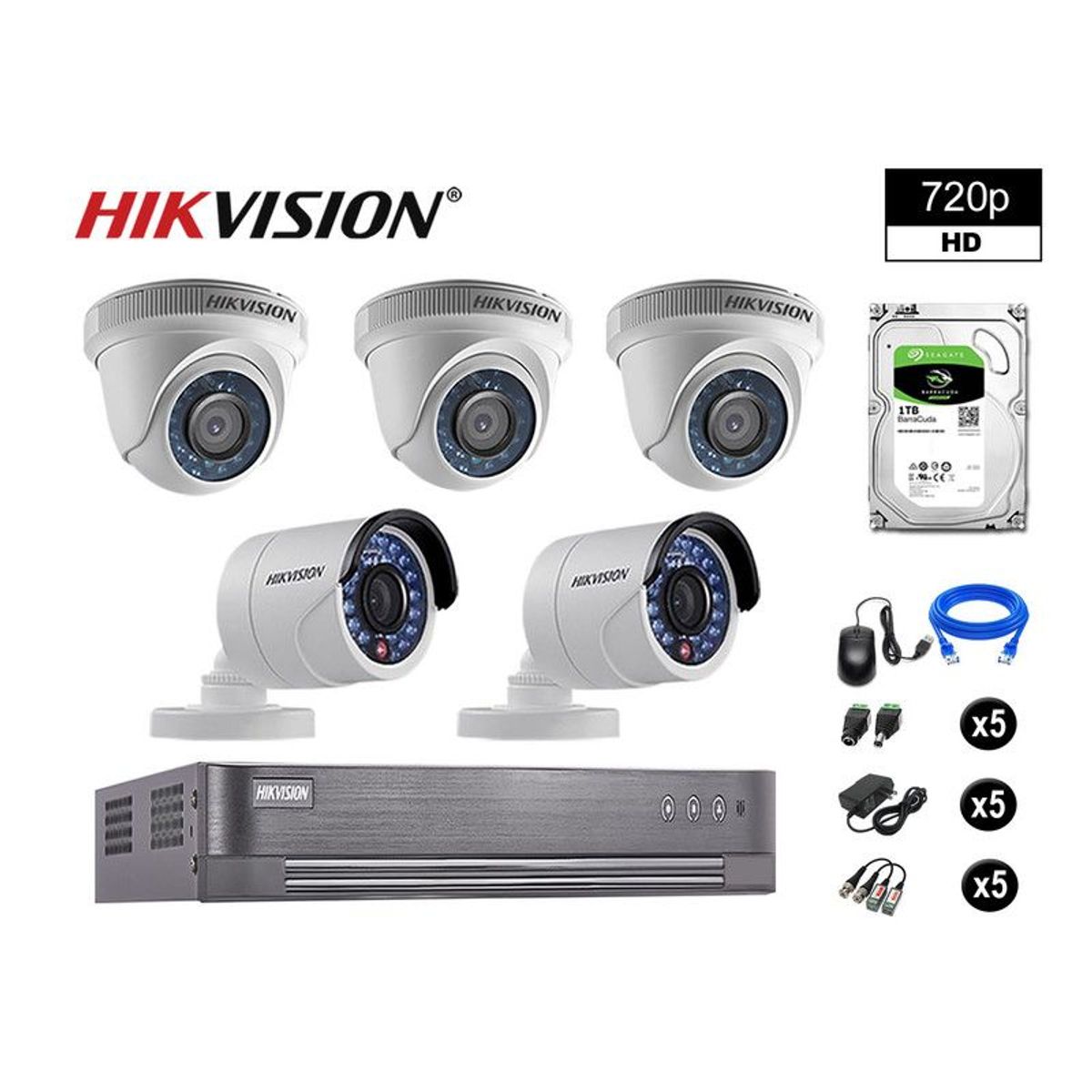 HIKVISION - CÁMARAS SEGURIDAD KIT 5 HD 720P VIGILANCIA + DISCO 1TB P2P HDMI
