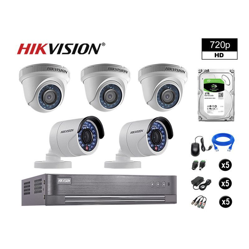 HIKVISION - CÁMARAS SEGURIDAD KIT 5 HD 720P VIGILANCIA + DISCO 1TB P2P HDMI