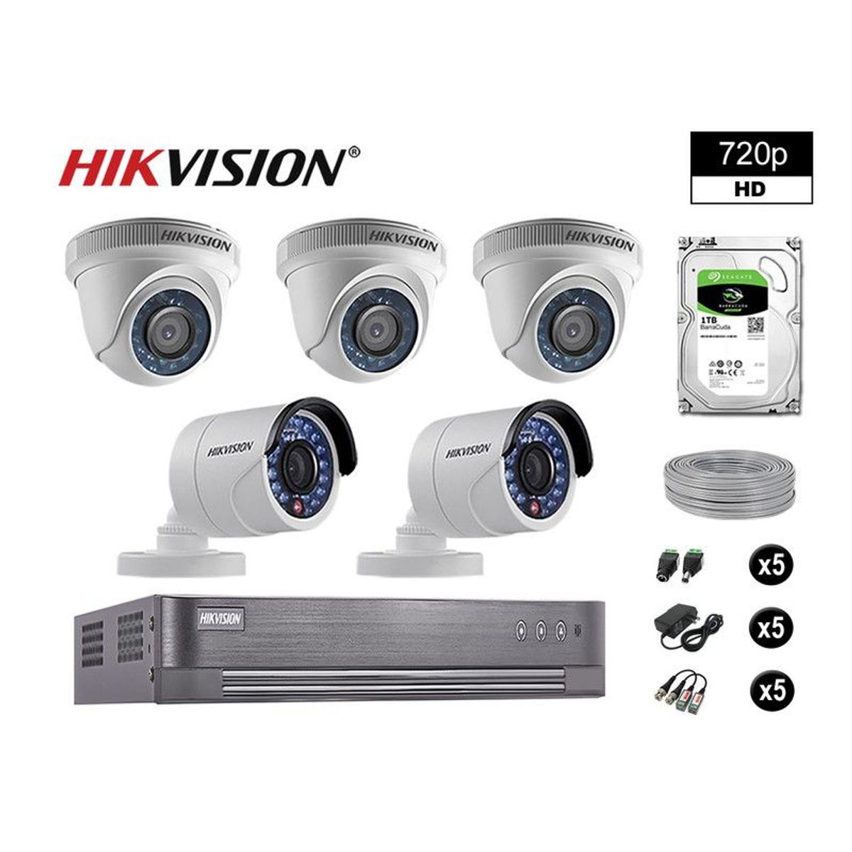 HIKVISION - CÁMARAS SEGURIDAD KIT 5 HD 720P VIGILANCIA + DISCO 1TB COMPLETO P2P