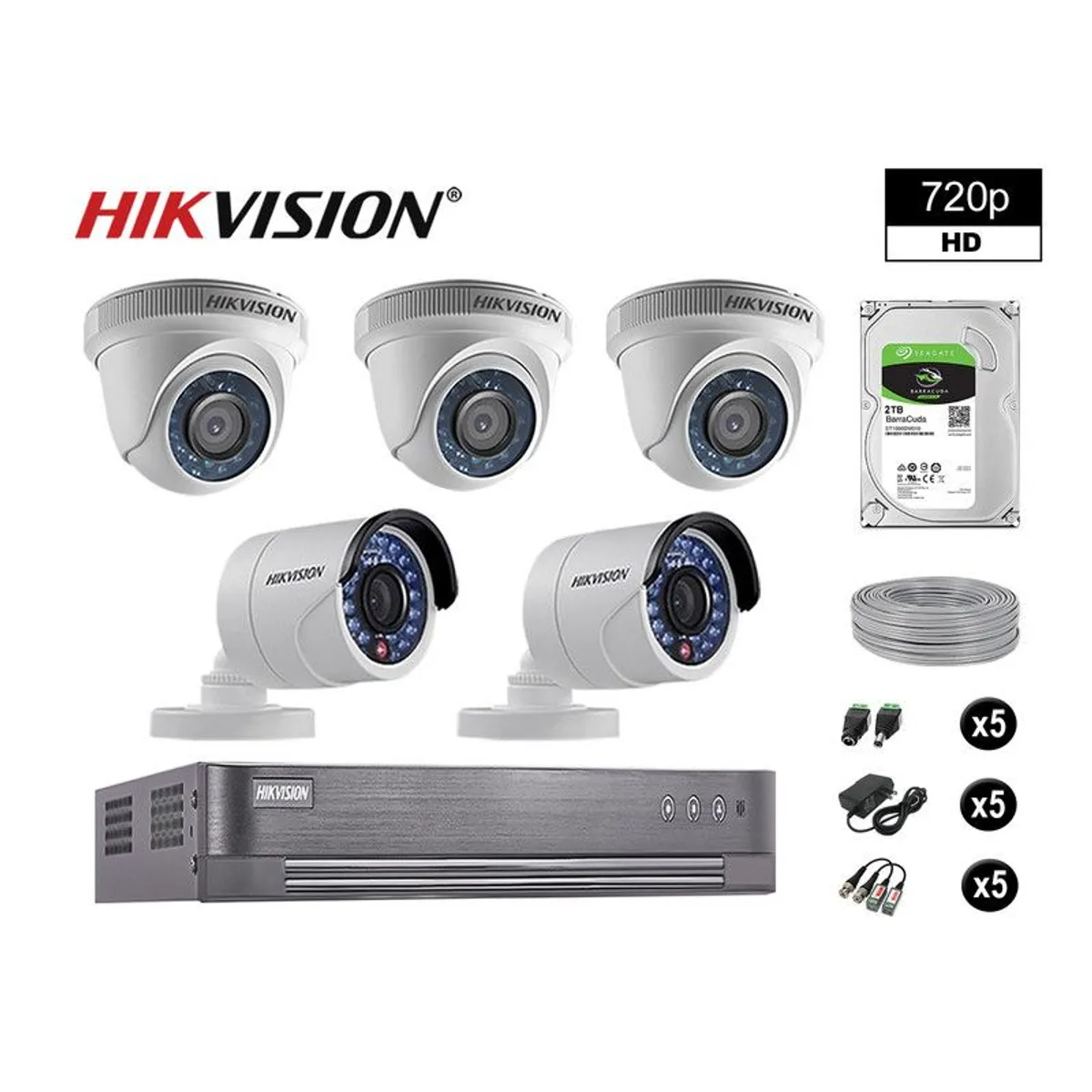 HIKVISION - CÁMARAS SEGURIDAD KIT 5 HD 720P VIGILANCIA + DISCO 2TB COMPLETO P2P