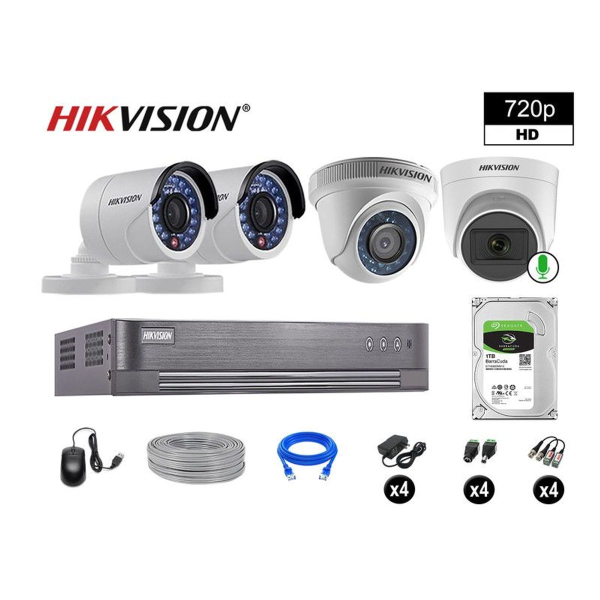 HIKVISION - CÁMARAS SEGURIDAD KIT 4 HD 720P VIGILANCIA + DISCO 1TB 1 CAMARA AUDIO