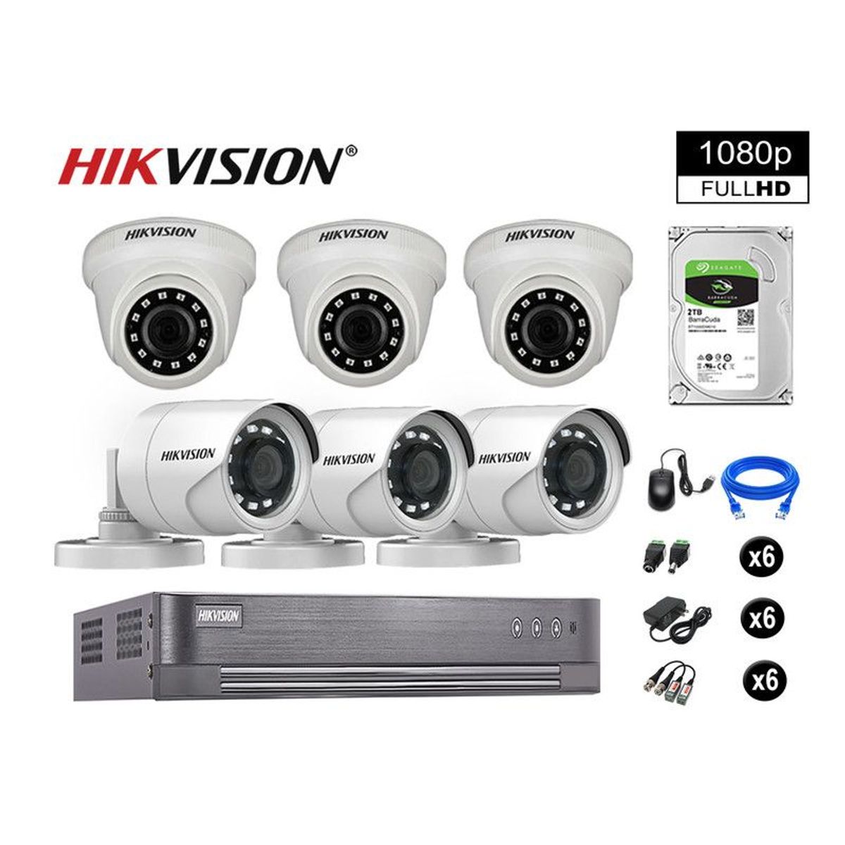 HIKVISION - CÁMARAS SEGURIDAD KIT 6 FULL HD VIGILANCIA 1080P DISCO 2TB P2P