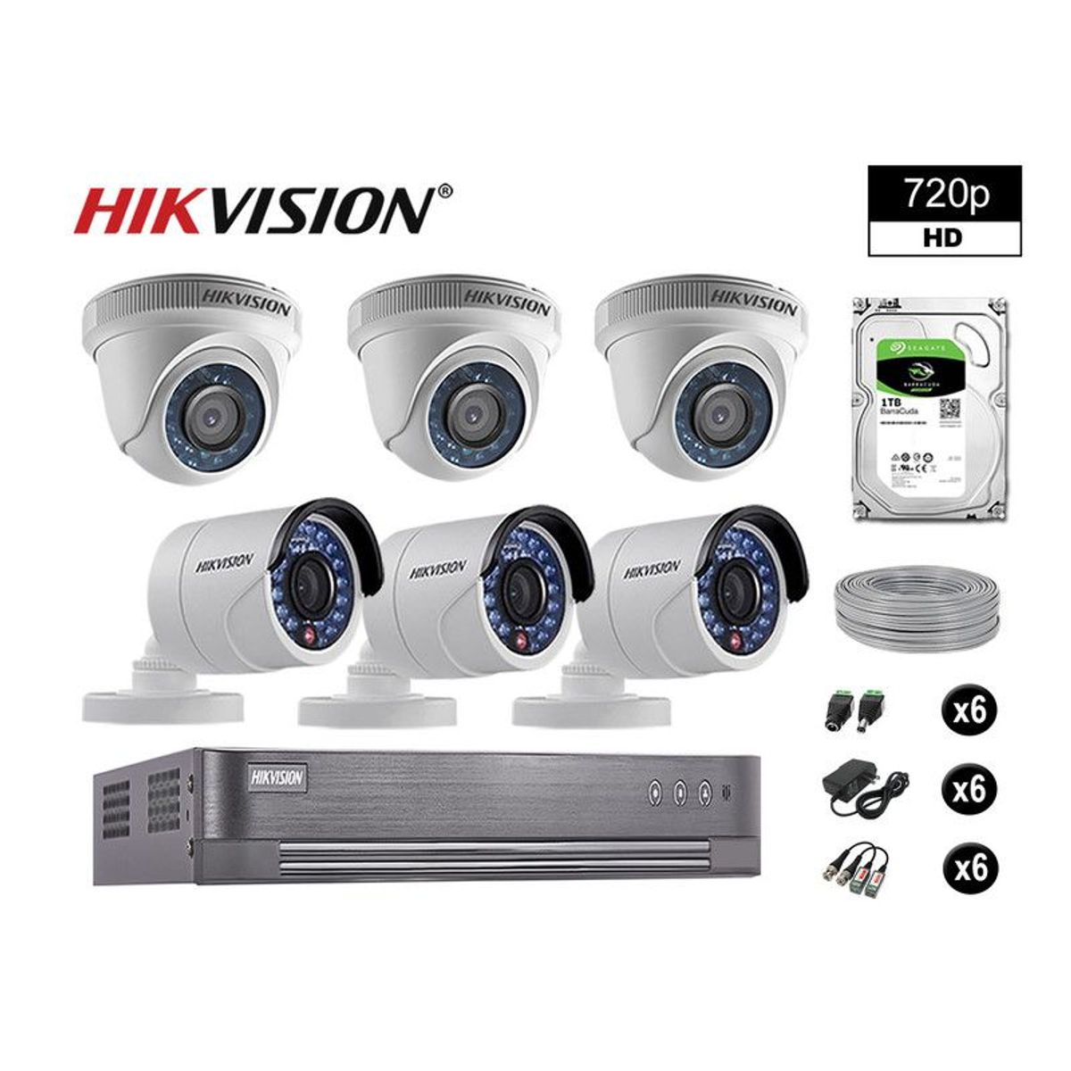HIKVISION - CÁMARAS SEGURIDAD KIT 6 HD 720P VIGILANCIA + DISCO 1TB COMPLETO P2P