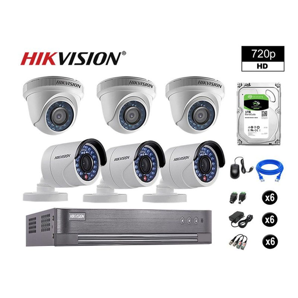 HIKVISION - CÁMARAS SEGURIDAD KIT 6 HD 720P VIGILANCIA + DISCO 1TB P2P HDMI