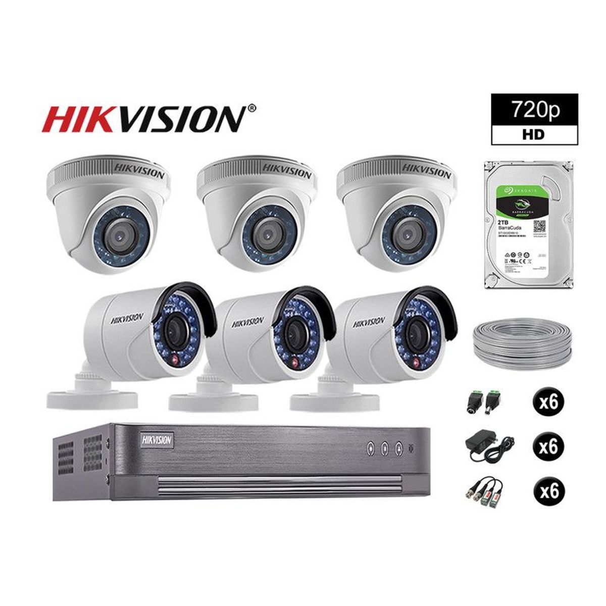 HIKVISION - CÁMARAS SEGURIDAD KIT 6 HD 720P VIGILANCIA + DISCO 2TB COMPLETO P2P