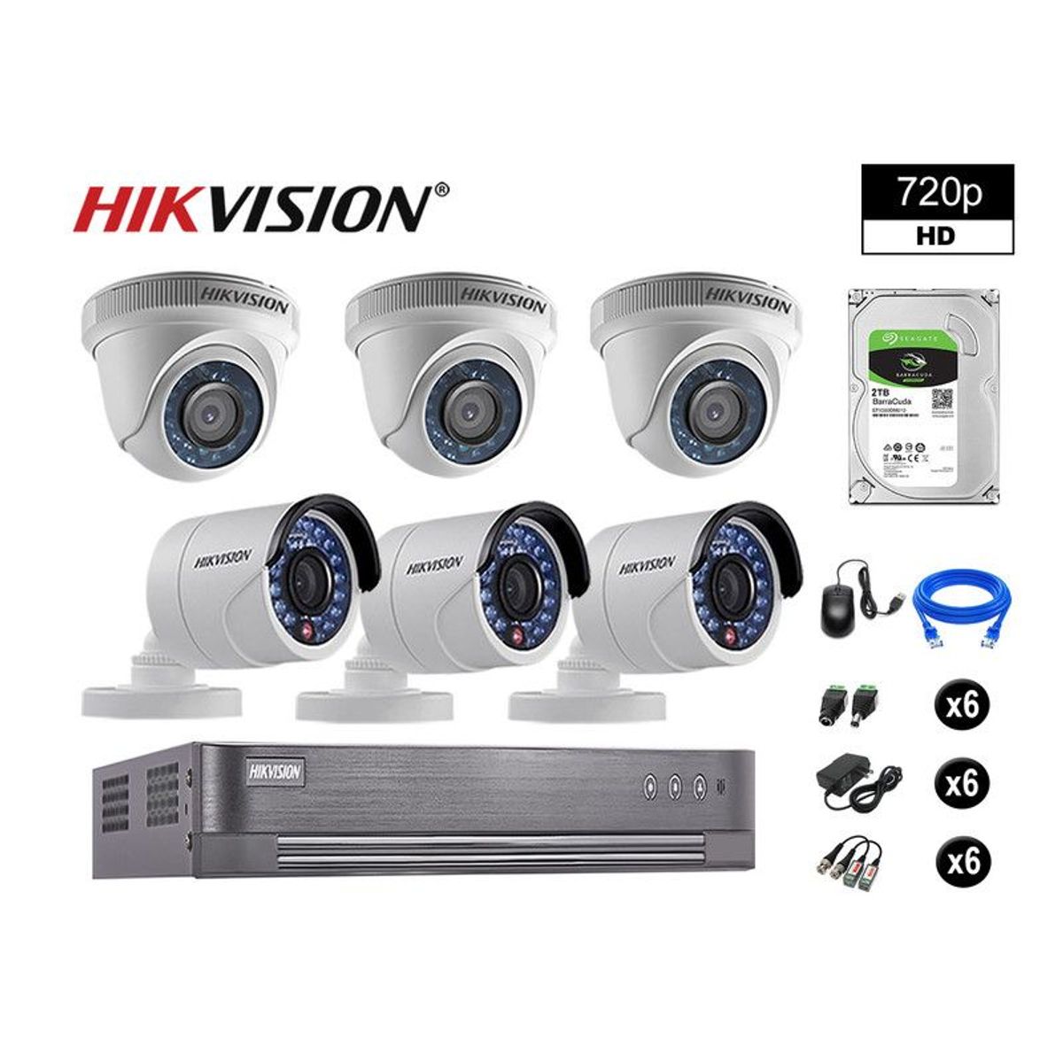 HIKVISION - CÁMARAS SEGURIDAD KIT 6 HD 720P VIGILANCIA + DISCO 2TB P2P HDMI