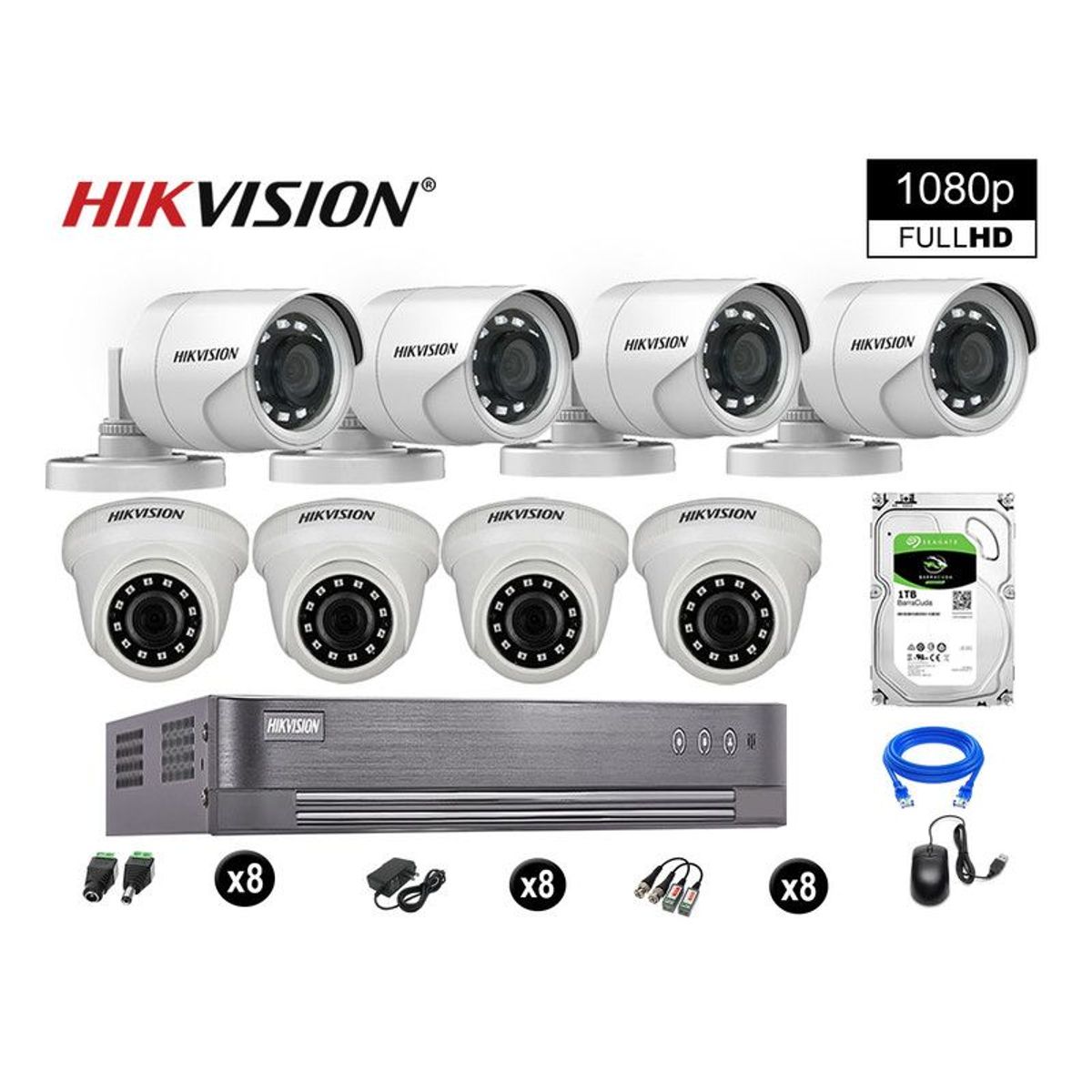 HIKVISION - CÁMARAS SEGURIDAD KIT 8 FULL HD VIGILANCIA 1080P DISCO 1TB P2P