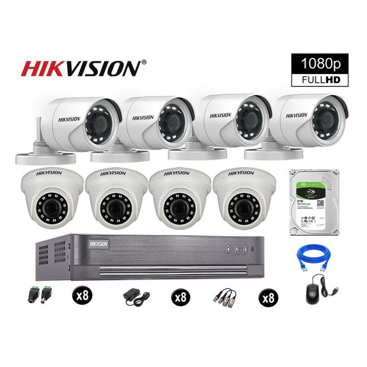 HIKVISION - CÁMARAS SEGURIDAD KIT 8 FULL HD VIGILANCIA 1080P DISCO 2TB P2P