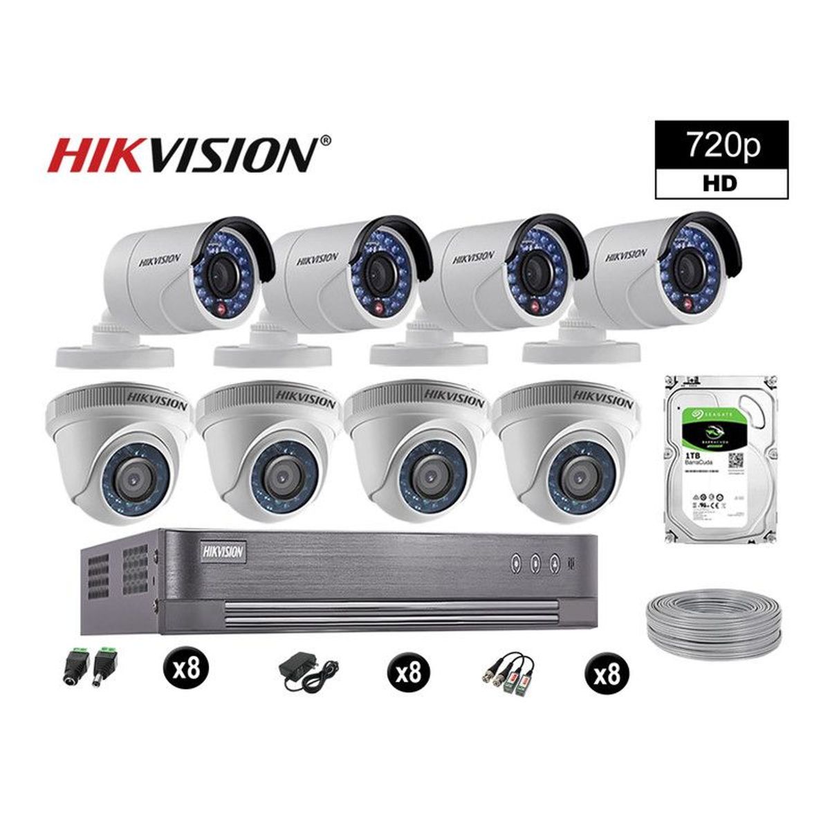 HIKVISION - CÁMARAS SEGURIDAD KIT 8 HD 720P VIGILANCIA + DISCO 1TB COMPLETO P2P