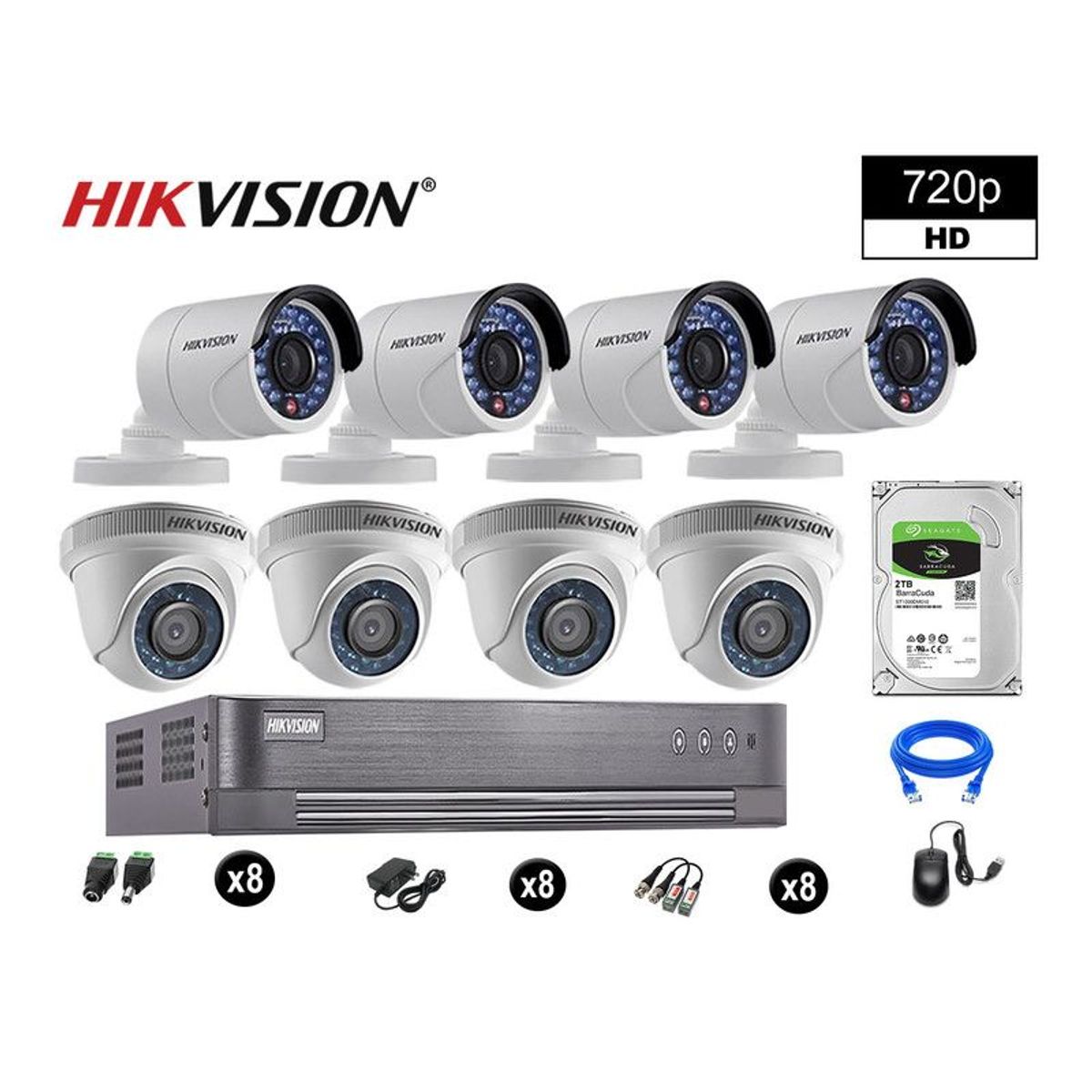 HIKVISION - CÁMARAS SEGURIDAD KIT 8 HD 720P VIGILANCIA + DISCO 2TB P2P HDMI