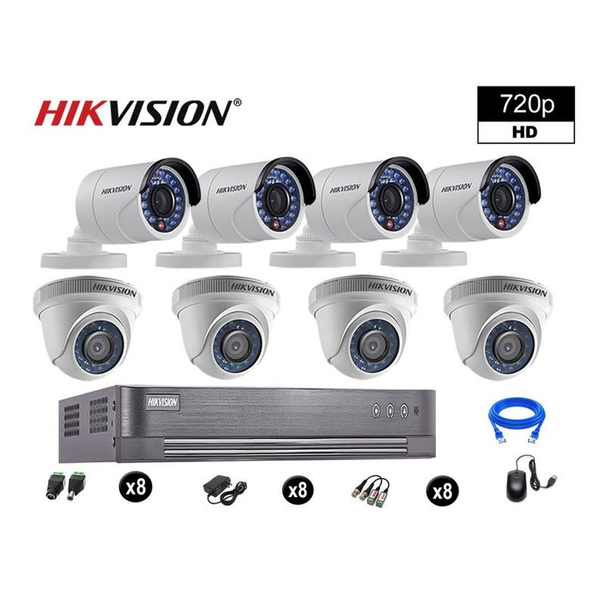 HIKVISION - CÁMARAS SEGURIDAD KIT 8 HD 720P VIGILANCIA + CABLE HDMI P2P
