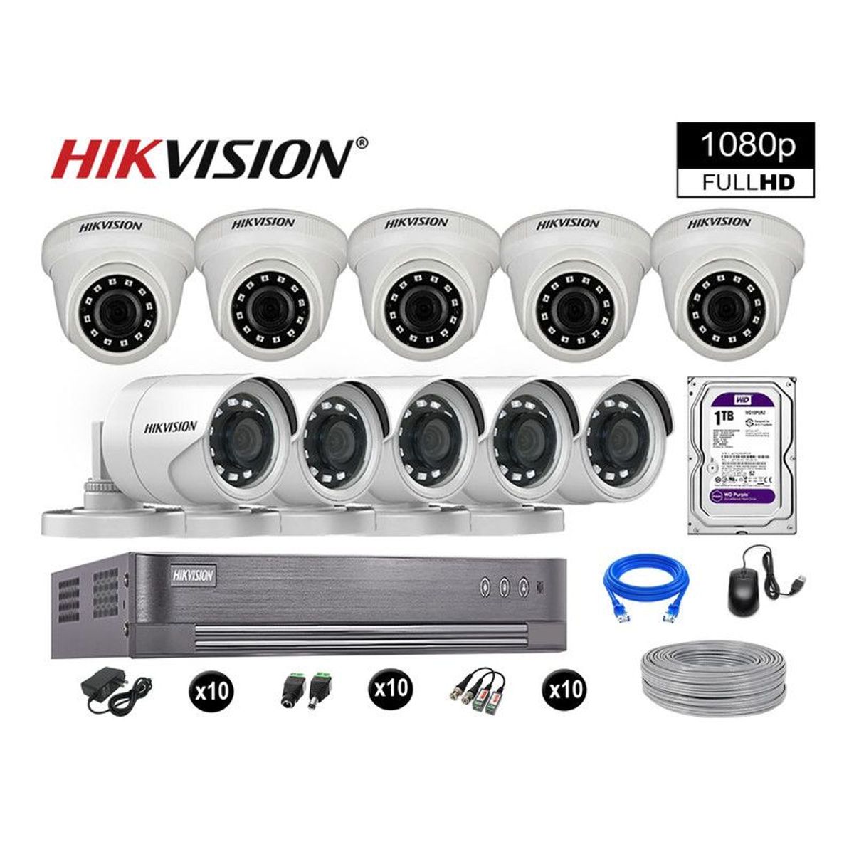 HIKVISION - CÁMARAS SEGURIDAD KIT 10 FULL HD VIGILANCIA 1080P + DISCO 1TB COMPLETO