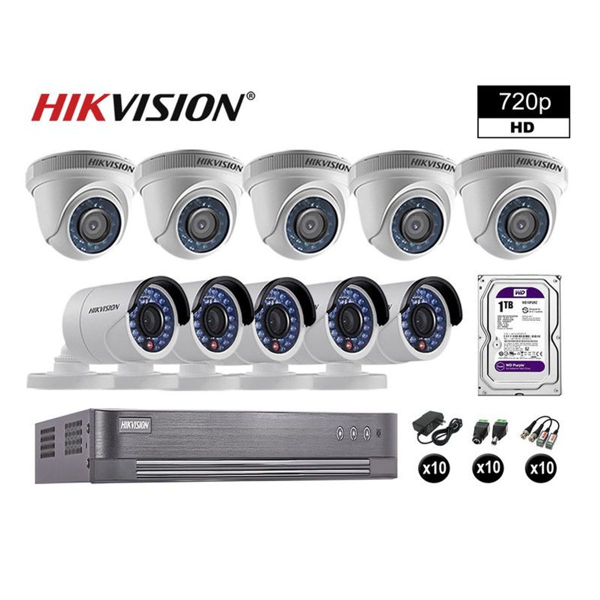 HIKVISION - CÁMARAS SEGURIDAD KIT 10 HD 720P VIGILANCIA DISCO 1TB P2P HDMI