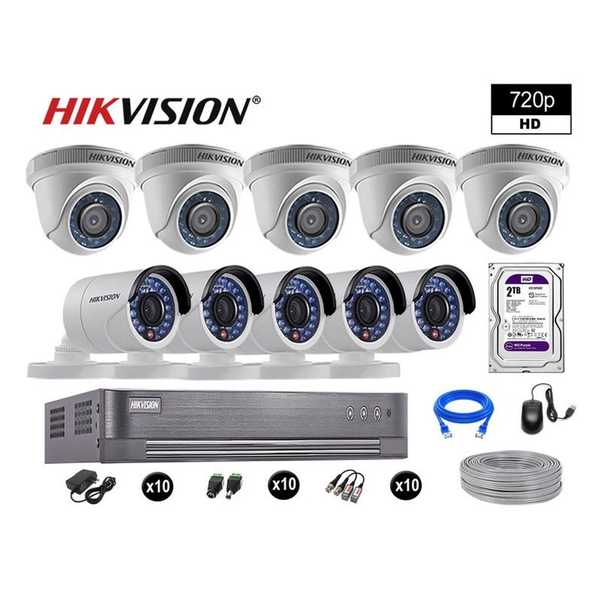 HIKVISION - CÁMARAS SEGURIDAD KIT 10 HD 720P VIGILANCIA + DISCO 2TB COMPLETO P2P