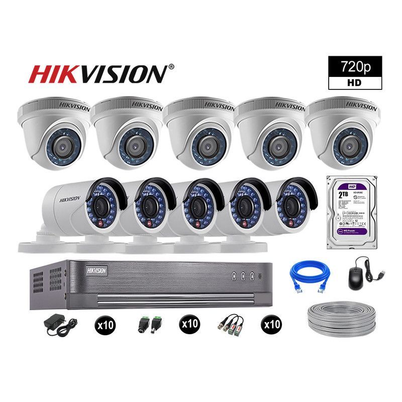 HIKVISION - CÁMARAS SEGURIDAD KIT 10 HD 720P VIGILANCIA + DISCO 2TB COMPLETO P2P
