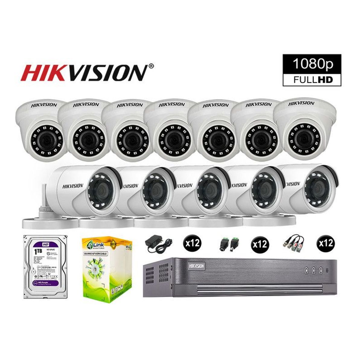 HIKVISION - CÁMARAS SEGURIDAD KIT 12 FULL HD VIGILANCIA 1080P + DISCO 1TB COMPLETO