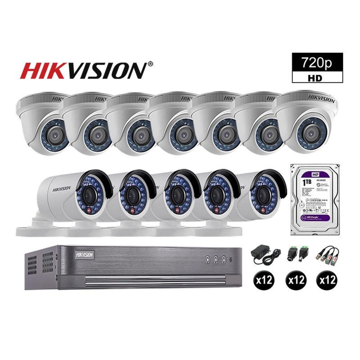 HIKVISION - CÁMARAS SEGURIDAD KIT 12 HD 720P VIGILANCIA DISCO 1TB P2P HDMI