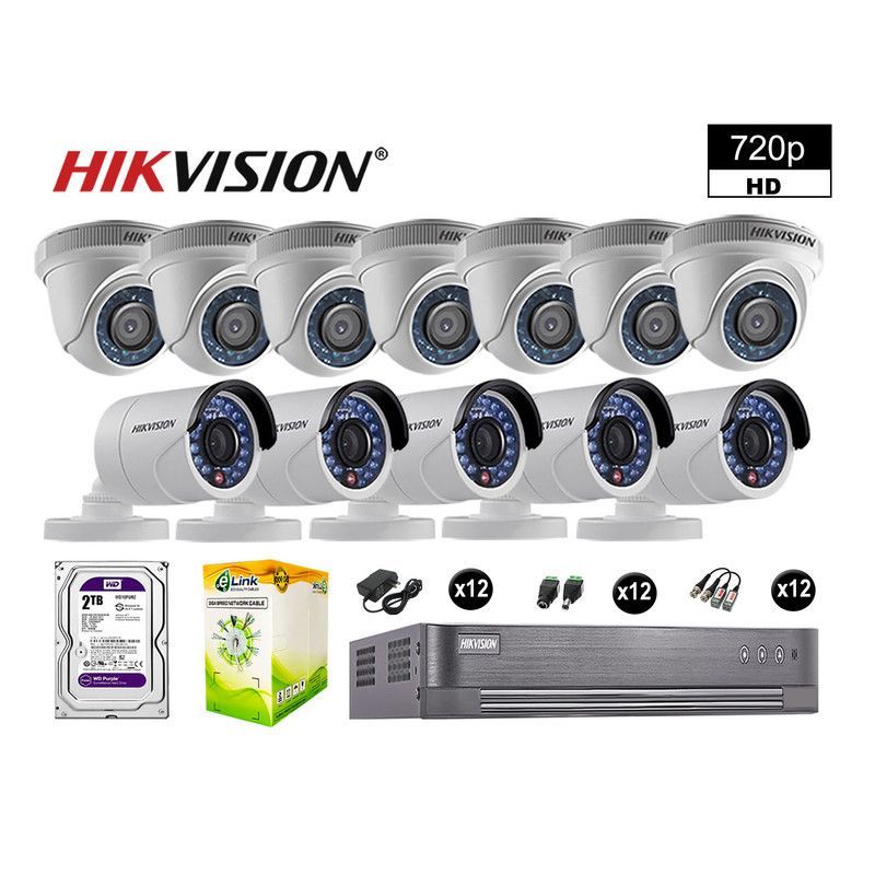 HIKVISION - CÁMARAS SEGURIDAD KIT 12 HD 720P VIGILANCIA + DISCO 2TB COMPLETO P2P