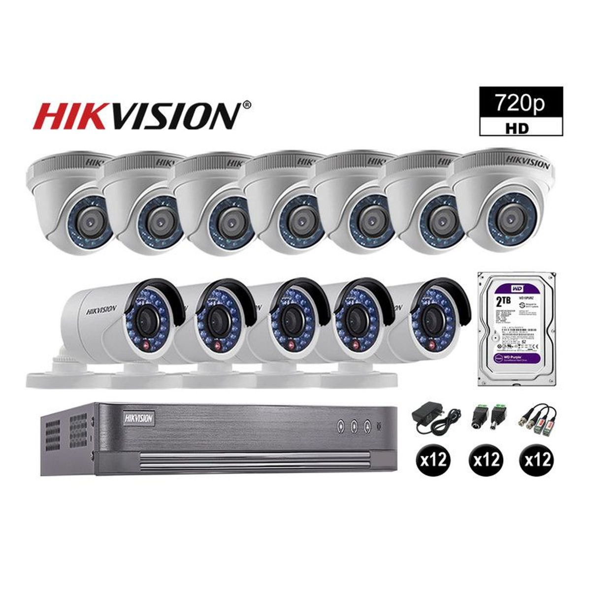 HIKVISION - CÁMARAS SEGURIDAD KIT 12 HD 720P VIGILANCIA DISCO 2TB P2P HDMI