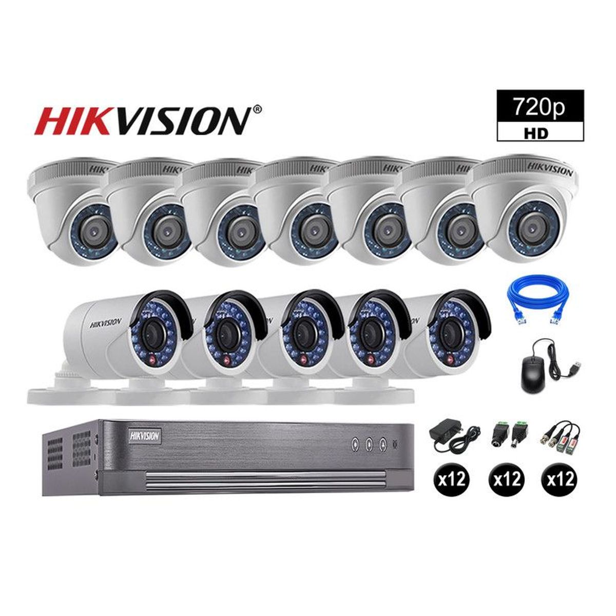 HIKVISION - CÁMARAS SEGURIDAD KIT 12 HD 720P VIGILANCIA + CABLE HDMI P2P